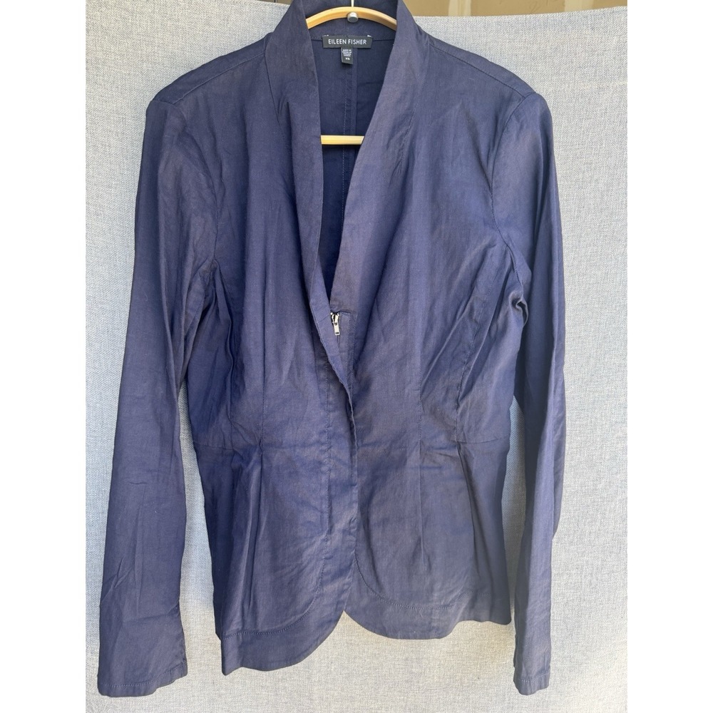 Eileen Fisher Jacket Womens‎ XS Navy Blue Organic Linen Zip Moto Blazer